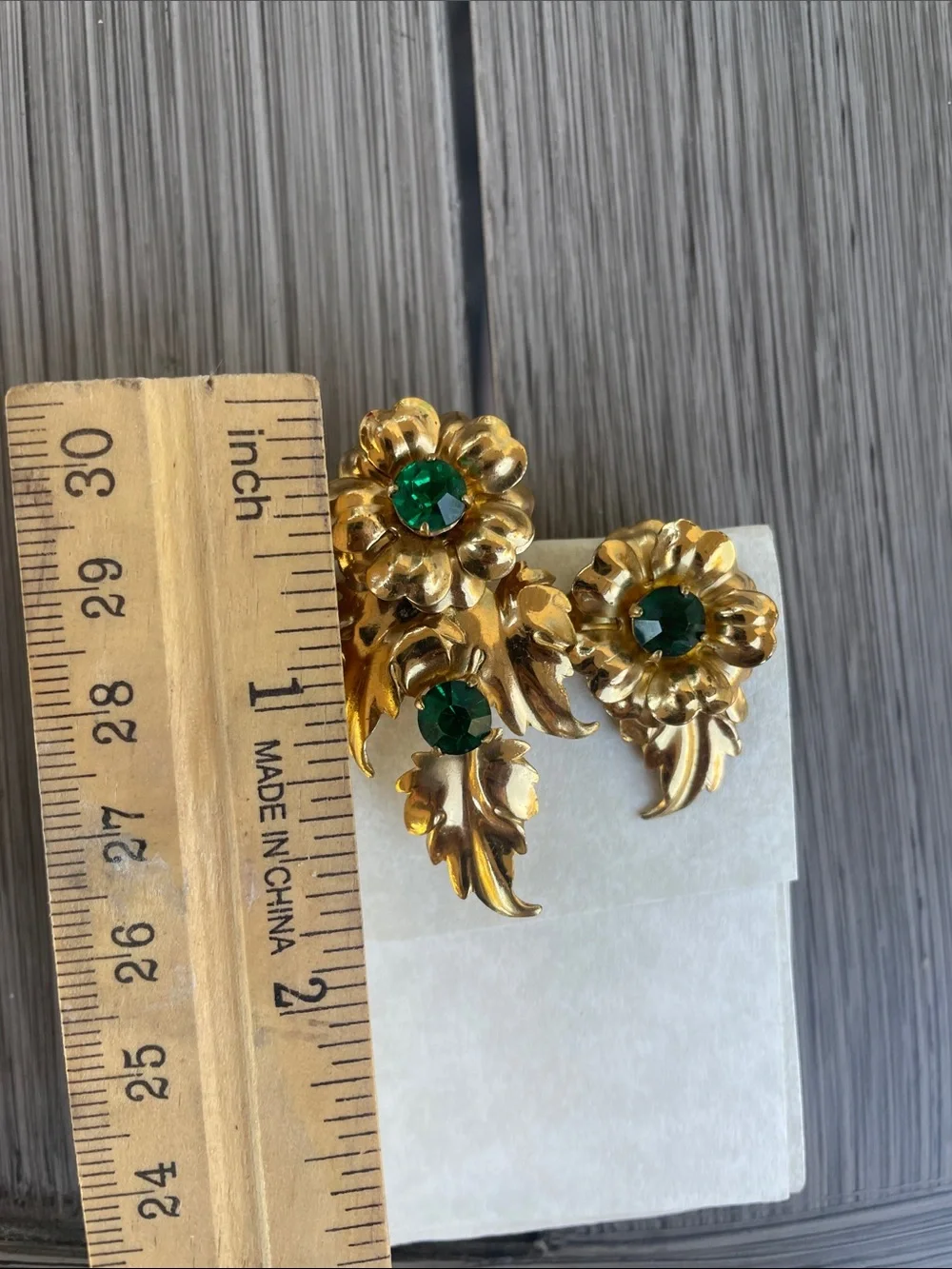 Gold Floral Clip-On Earring and Brooch Set with Emerald Green Stones